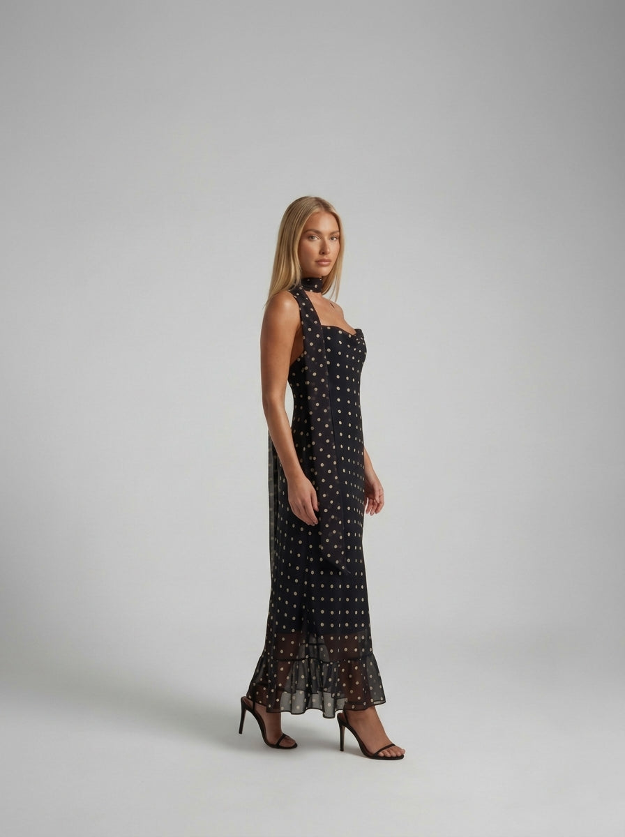 Puantiyeli Maxi Elbise | Lorlia