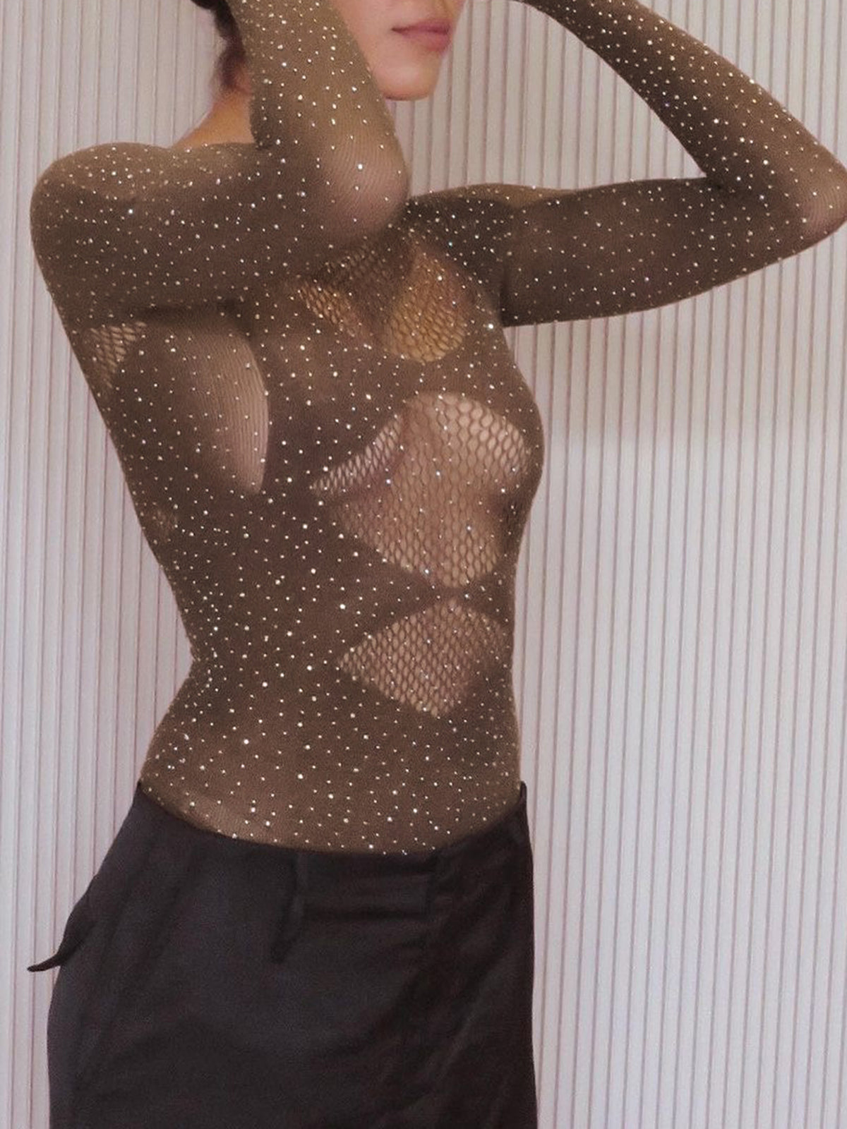 Parlak Taşlı Transparan Bodysuit Haki Uzun Kollu | Lorlia