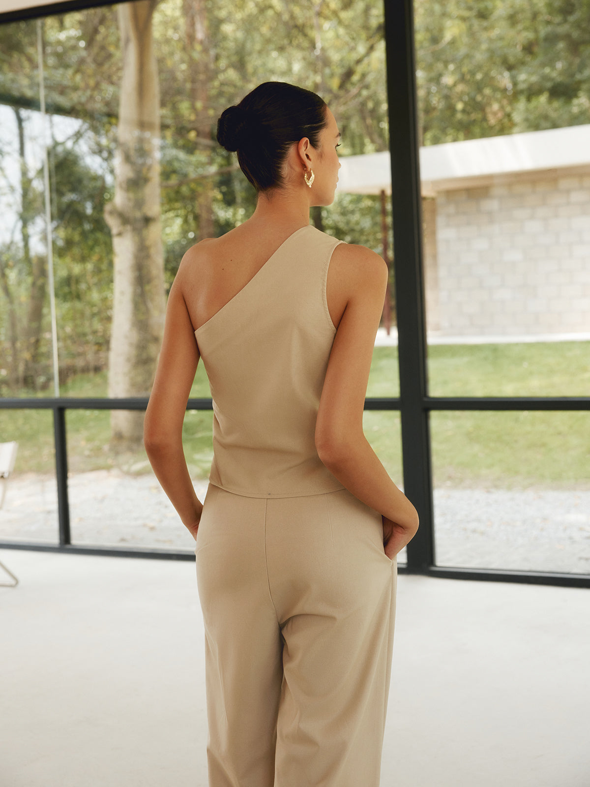 Pamuk Keten Asimetrik Cepli Pantolon Takım Haki Regular Fit | Lorlia