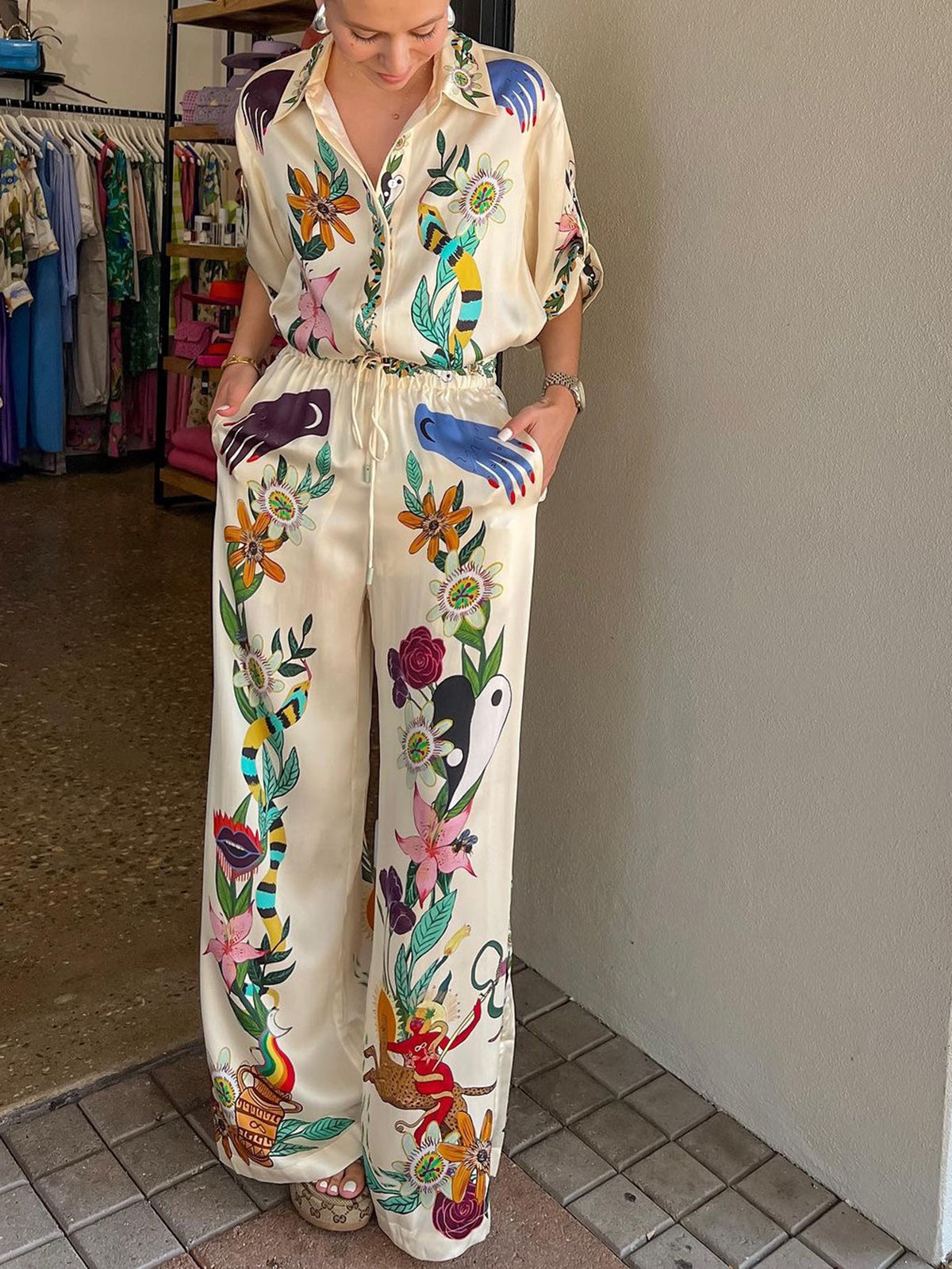 Çiçek Desenli Saten Pantolon Takım Çok Renkli Bohemian | Lorlia