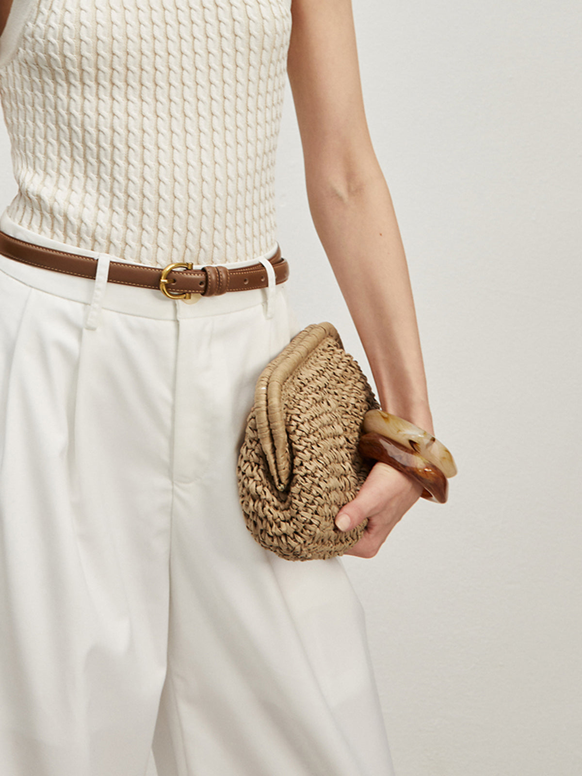 Hasır Clutch Çanta Bej Örgü Desenli Bohemian | Lorlia