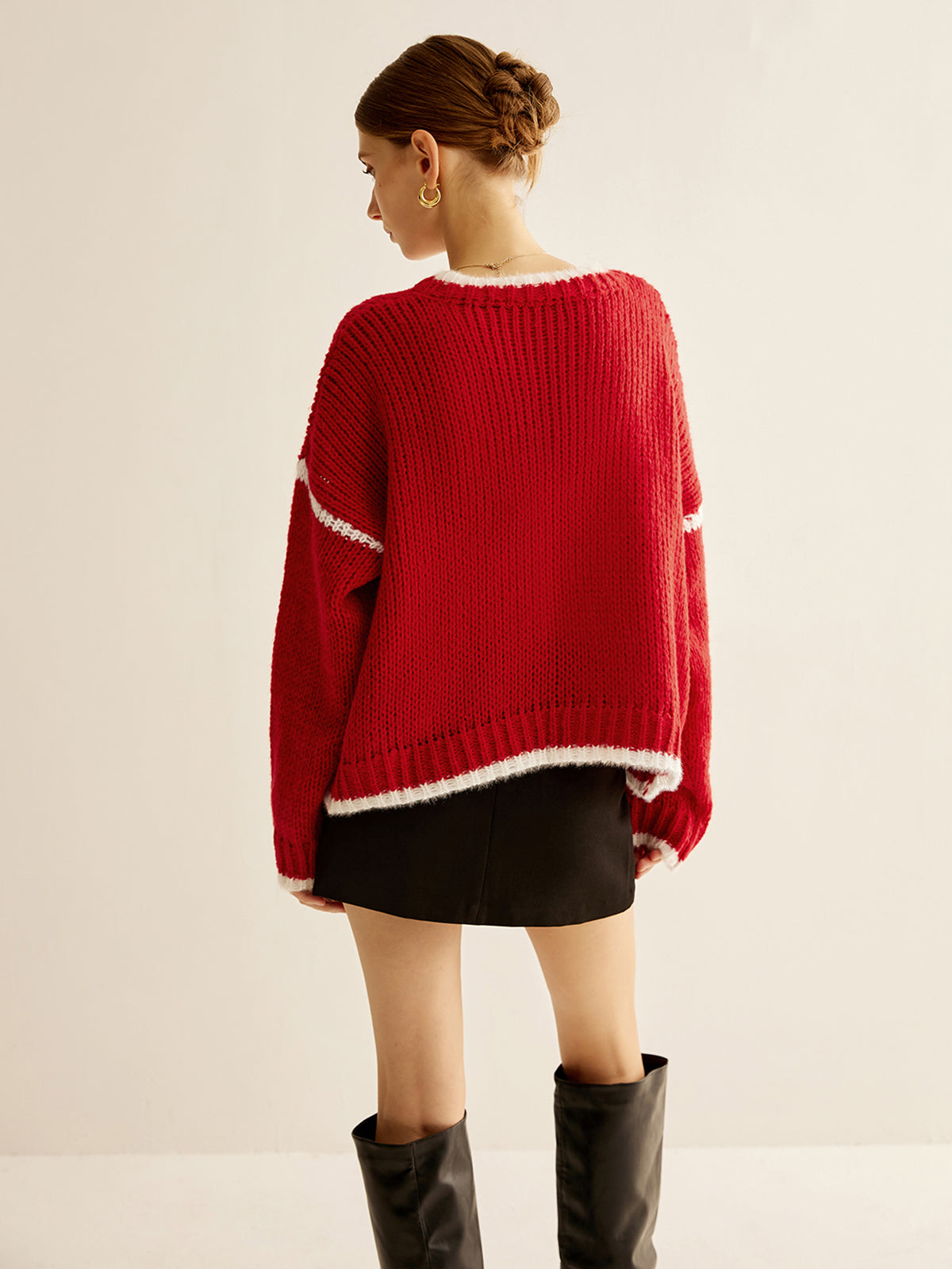 Kruvaze Yaka Kontrast Kenar Sweatshirt Kırmızı Örme | Lorlia