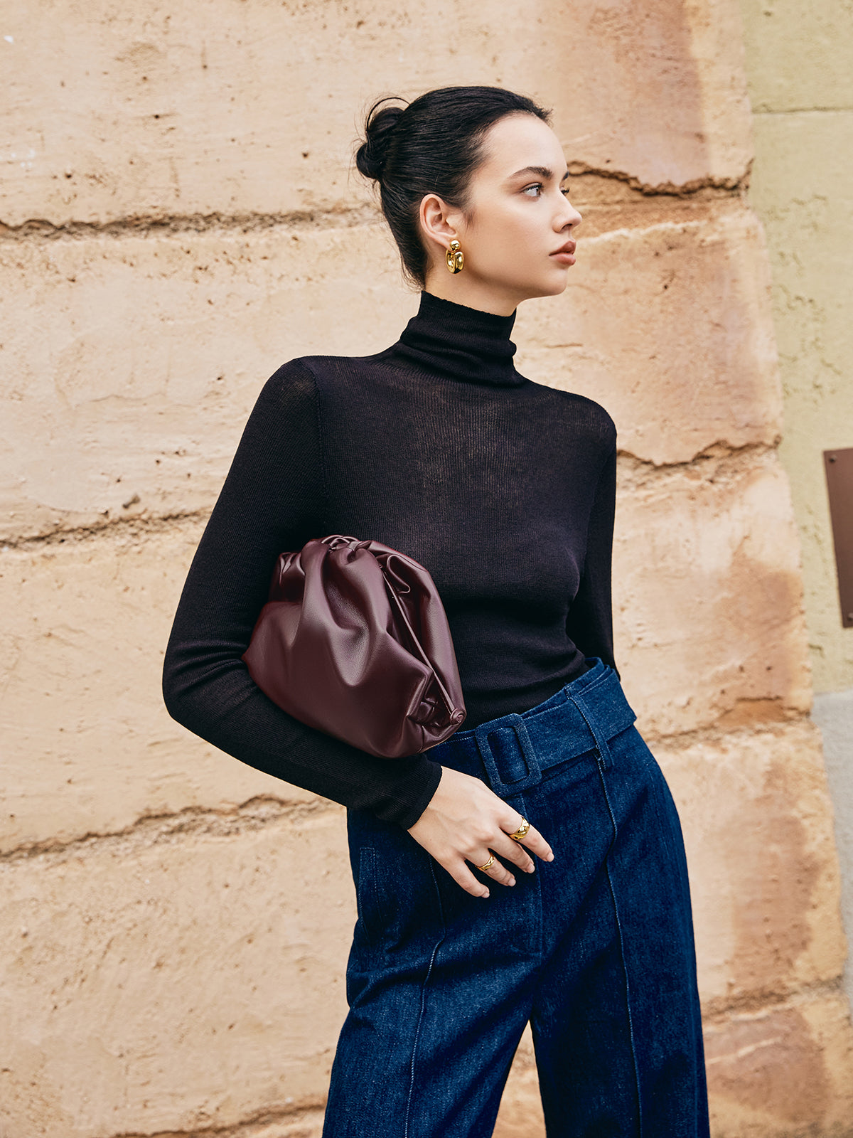 Büzgülü Yumuşak Clutch Çanta Bordo | Lorlia