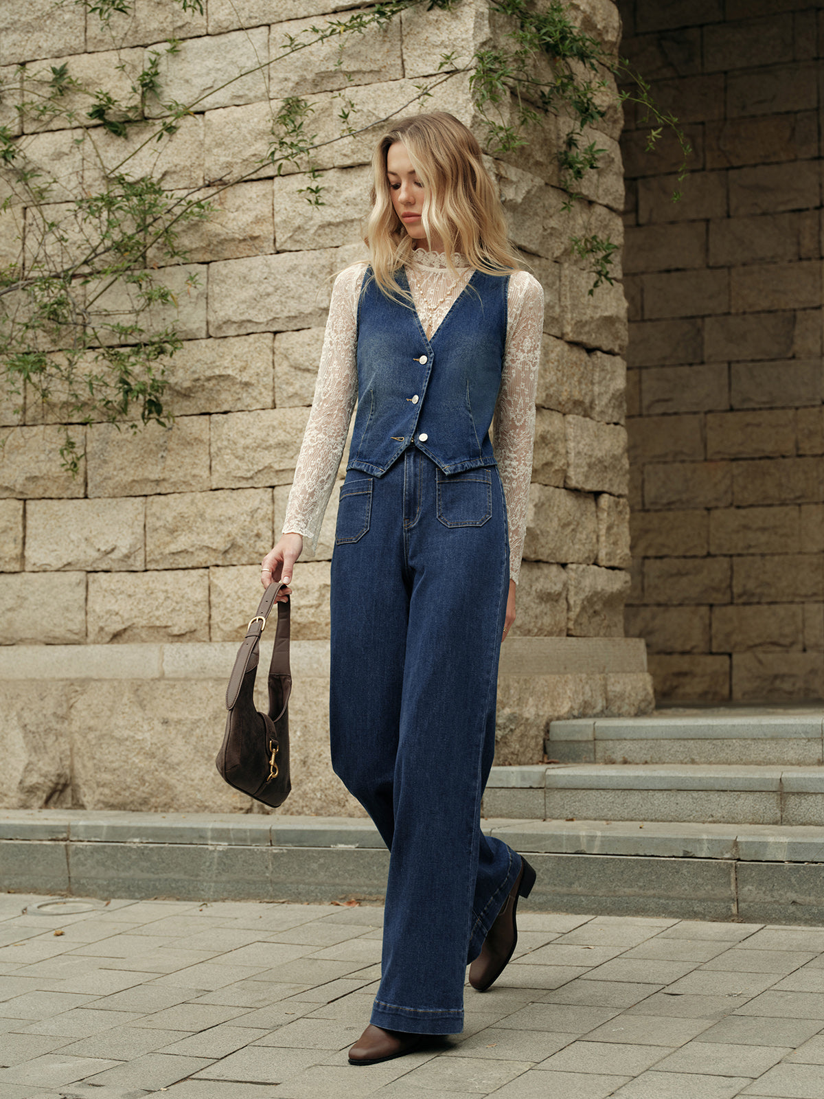 Denim Kolsuz Yelek Mavi V Yaka Regular Fit | Lorlia