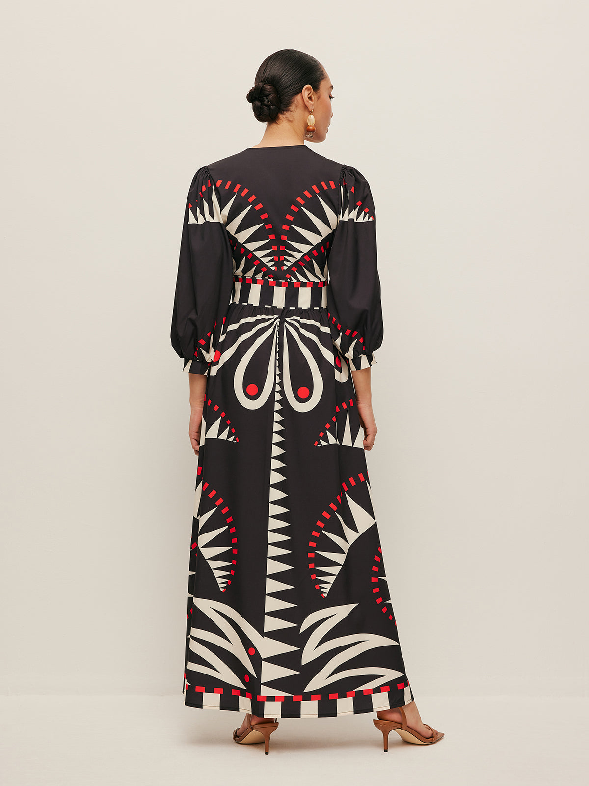 Boho V Yaka Yırtmaçlı Maxi Elbise Siyah Geometrik Desenli | Lorlia