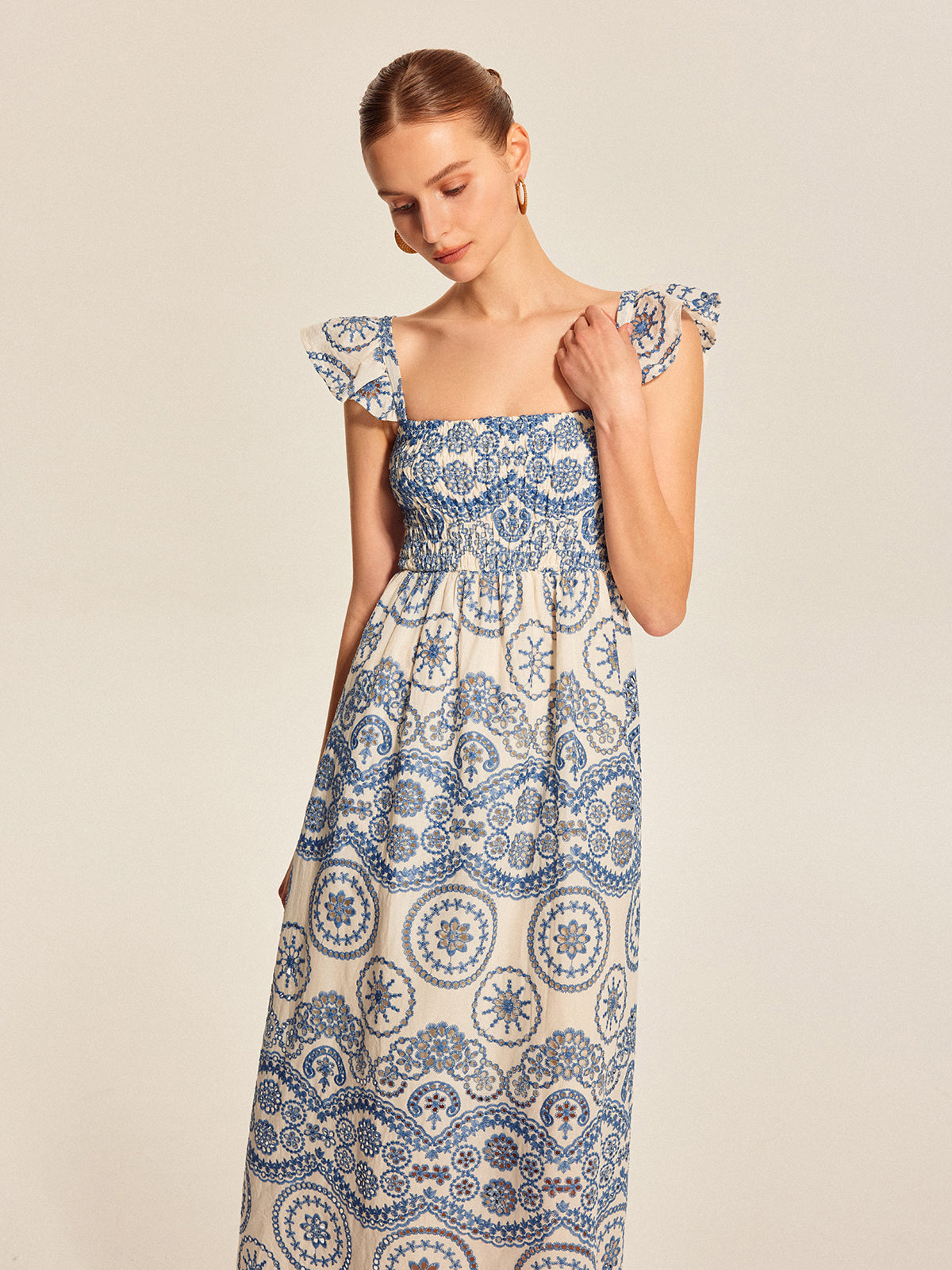 Boho Çiçekli Nakışlı Maxi Elbise Mavi Kare Yaka | Lorlia