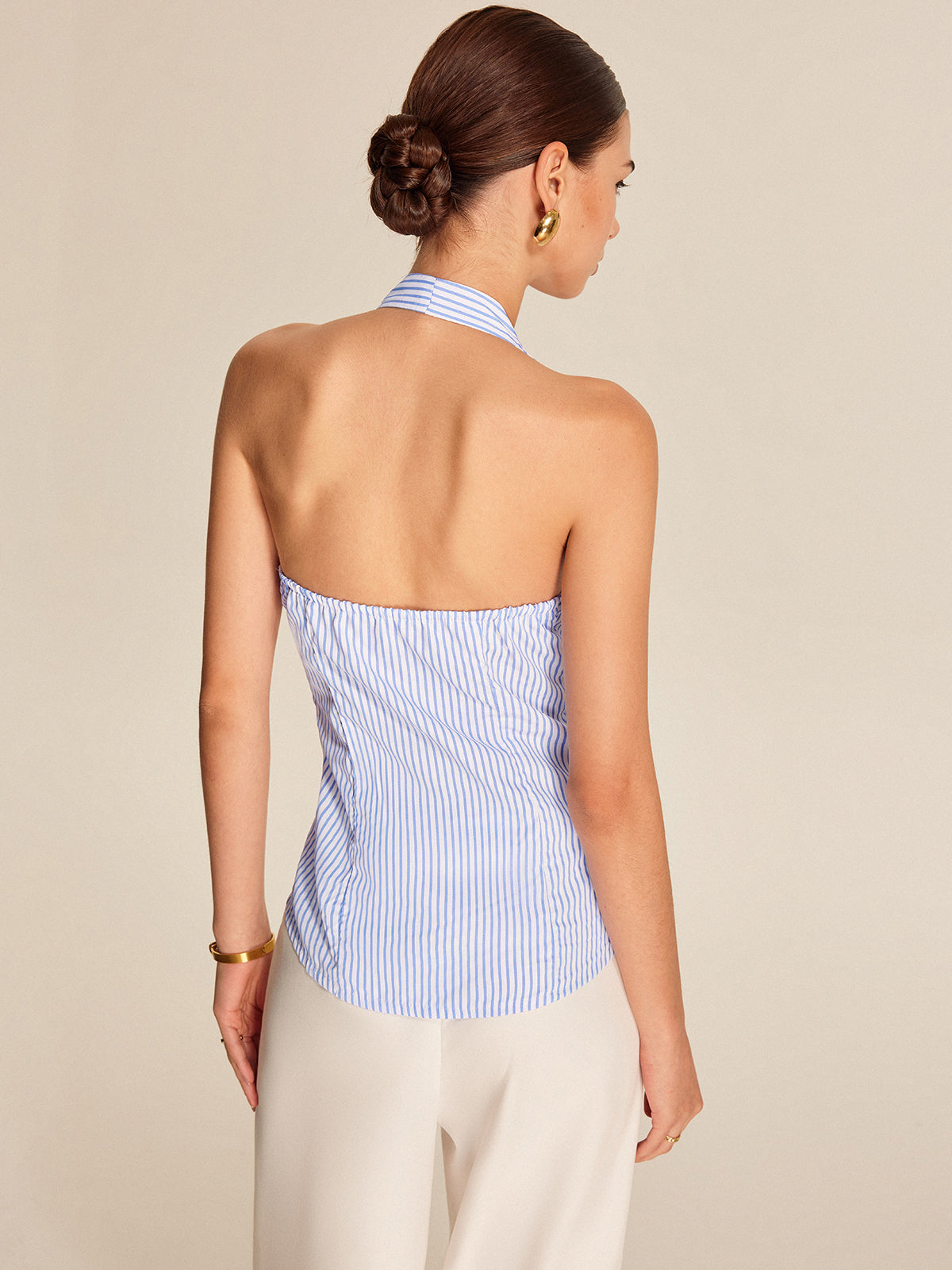 Çizgili Halter Yaka Kravat Bluzu Açık Mavi | Lorlia