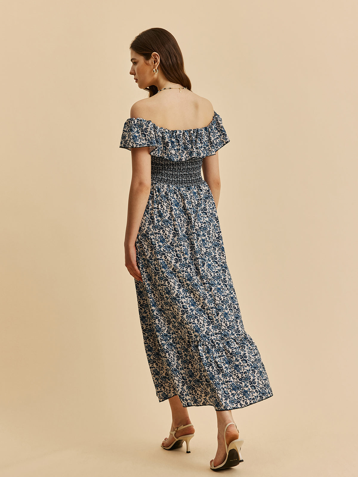 Boho Düşük Omuz Çiçekli Maxi Elbise Mavi Volanlı | Lorlia