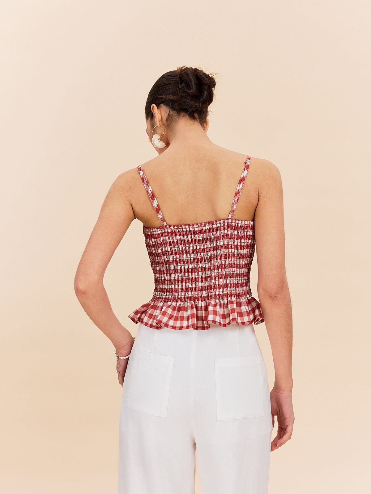 Şık Gingham Büzgülü Peplum Askılı Bluz Kırmızı | Lorlia
