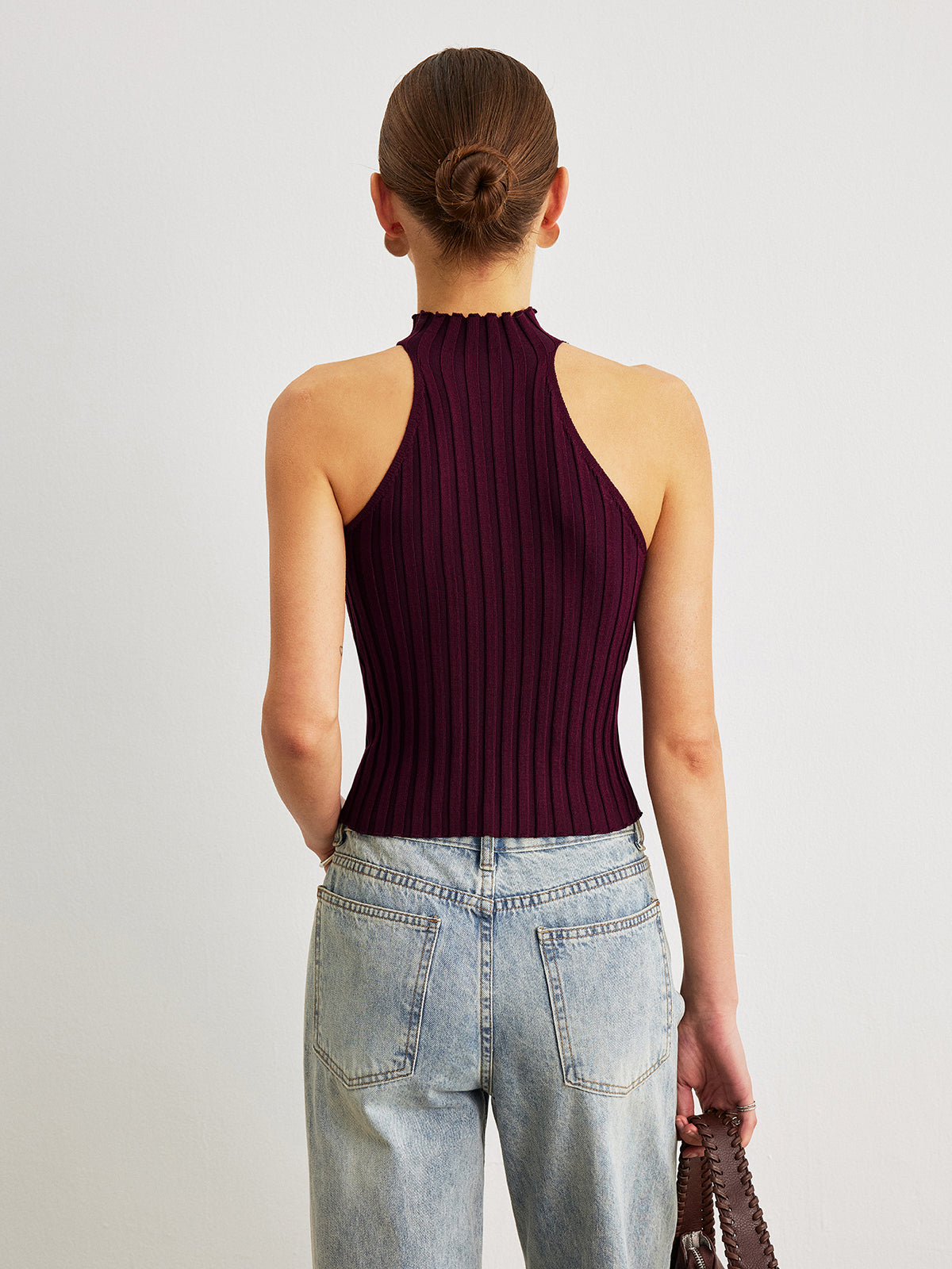 Soğuk Omuz Yüksek Yaka Triko Üst Bordo Slim Fit | Lorlia