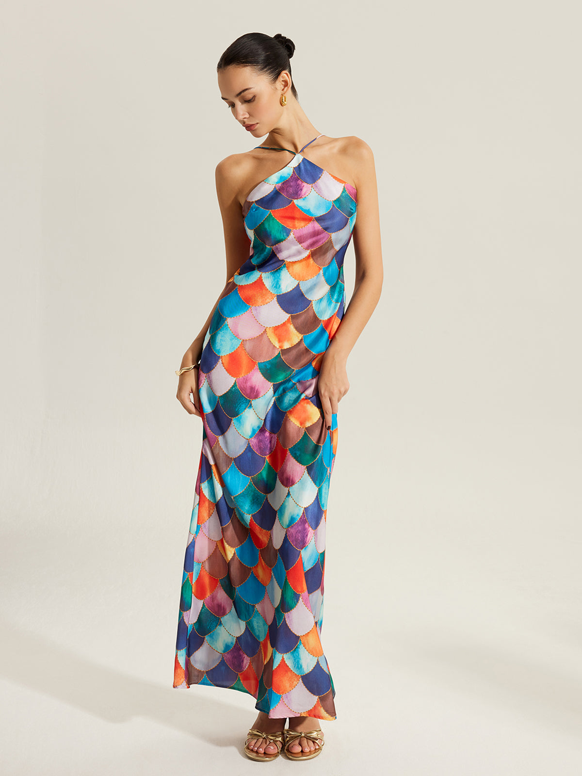 Renkli Saten Maxi Elbise | Lorlia