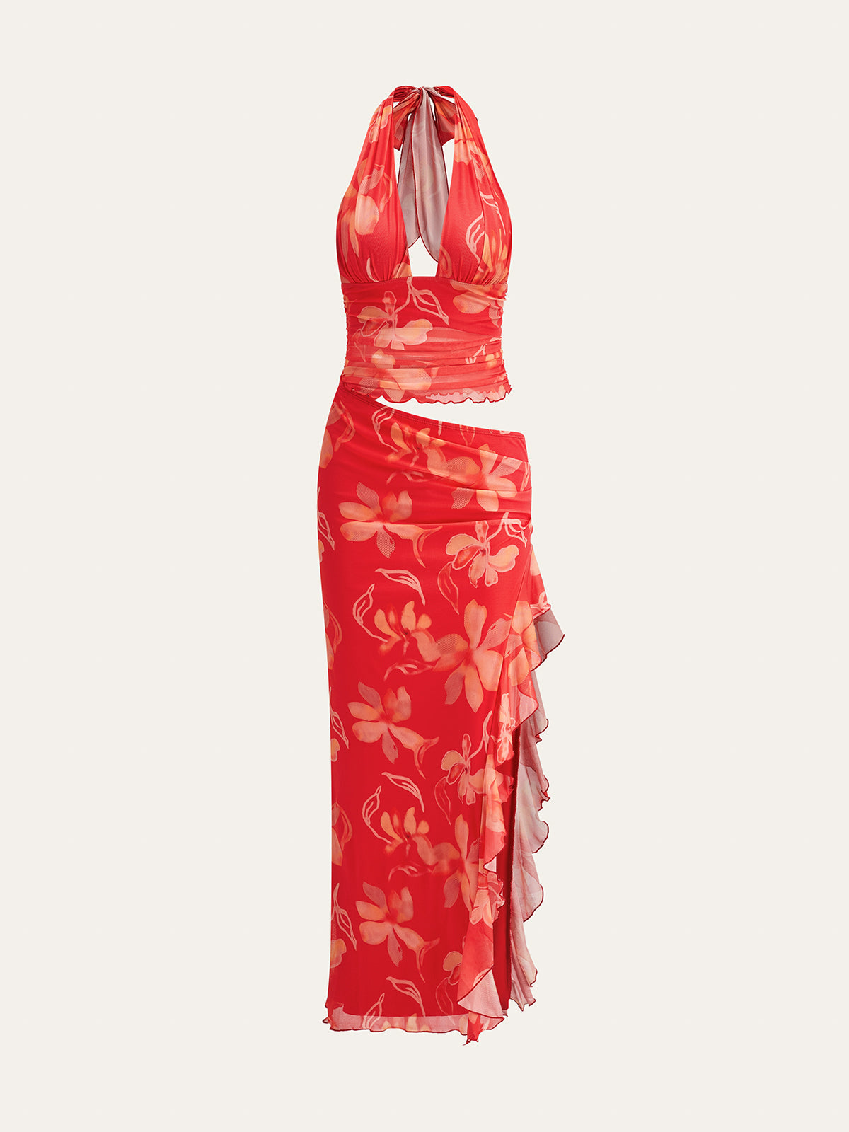 Yarım Şeffaf Çiçekli Halter Maxi Elbise Kırmızı | Lorlia