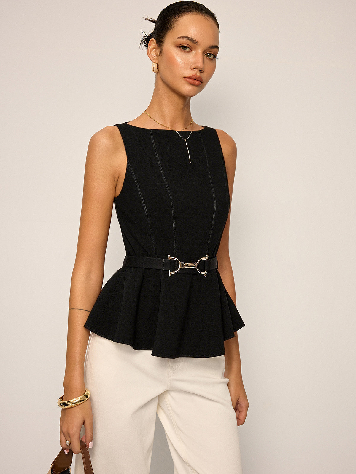 Metal Tokalı Kemerli Peplum Üst Kolsuz Kahverengi | Lorlia