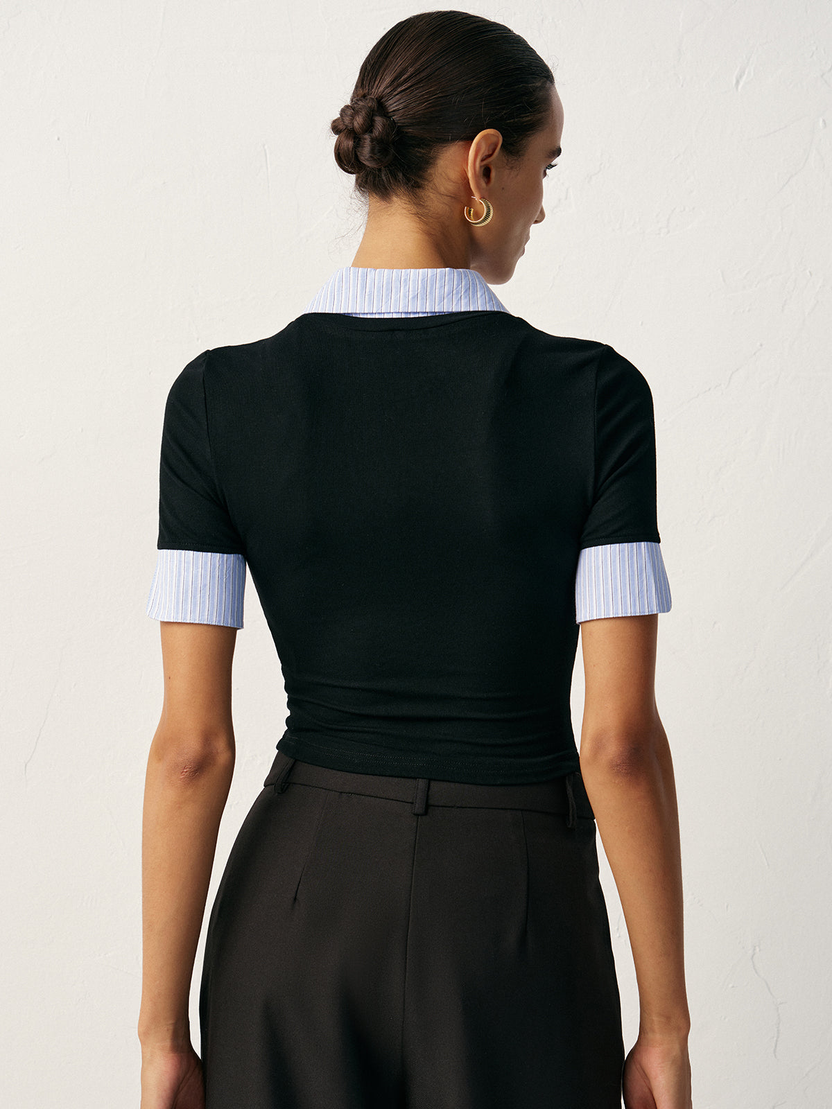 Panel Yaka Oturtmalı Kısa Kollu Tişört Siyah Skinny Kesim | Lorlia