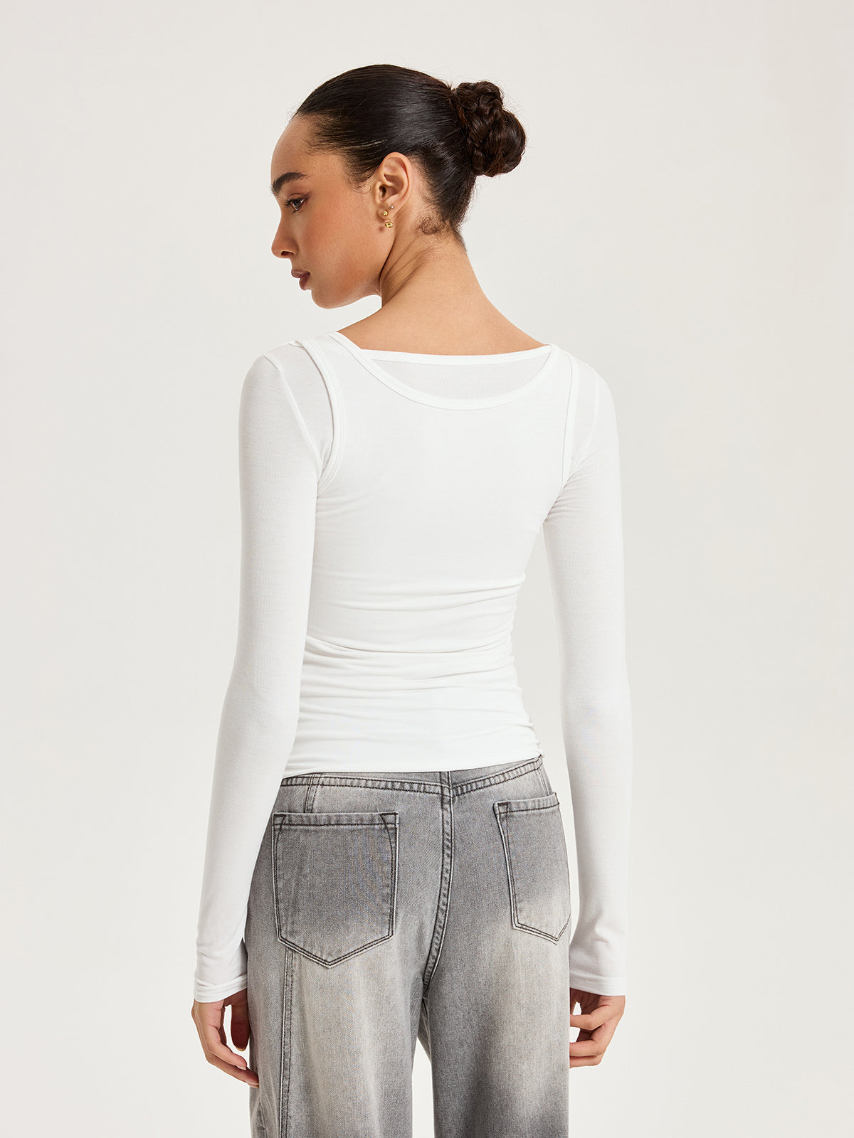 2'li Uzun Kollu Modal Tişört Beyaz Slim Fit | Lorlia