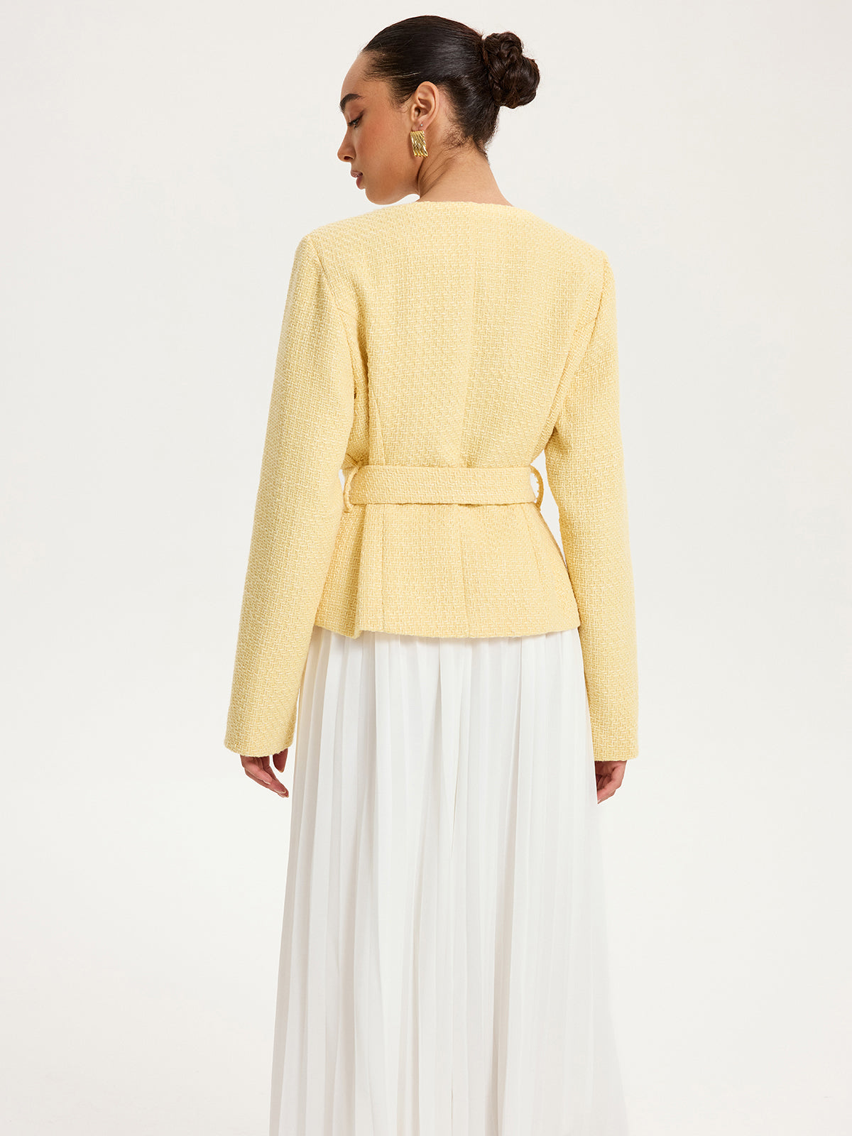 Düğme Detaylı Kemerli Tweed Ceket Sarı Regular Fit | Lorlia