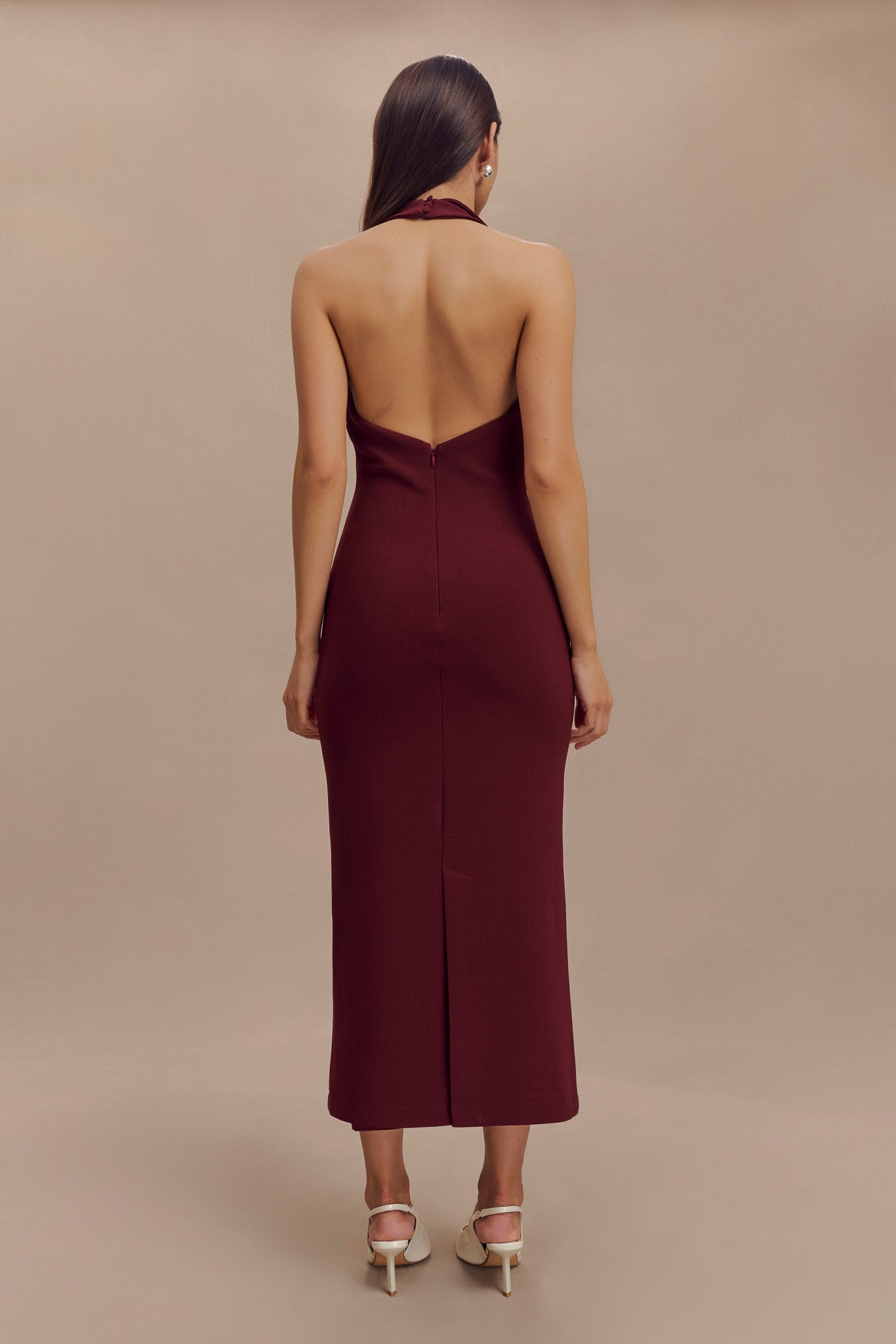 ROF Annita Krep Boyundan Bağlamalı Midi Elbise - Merlot