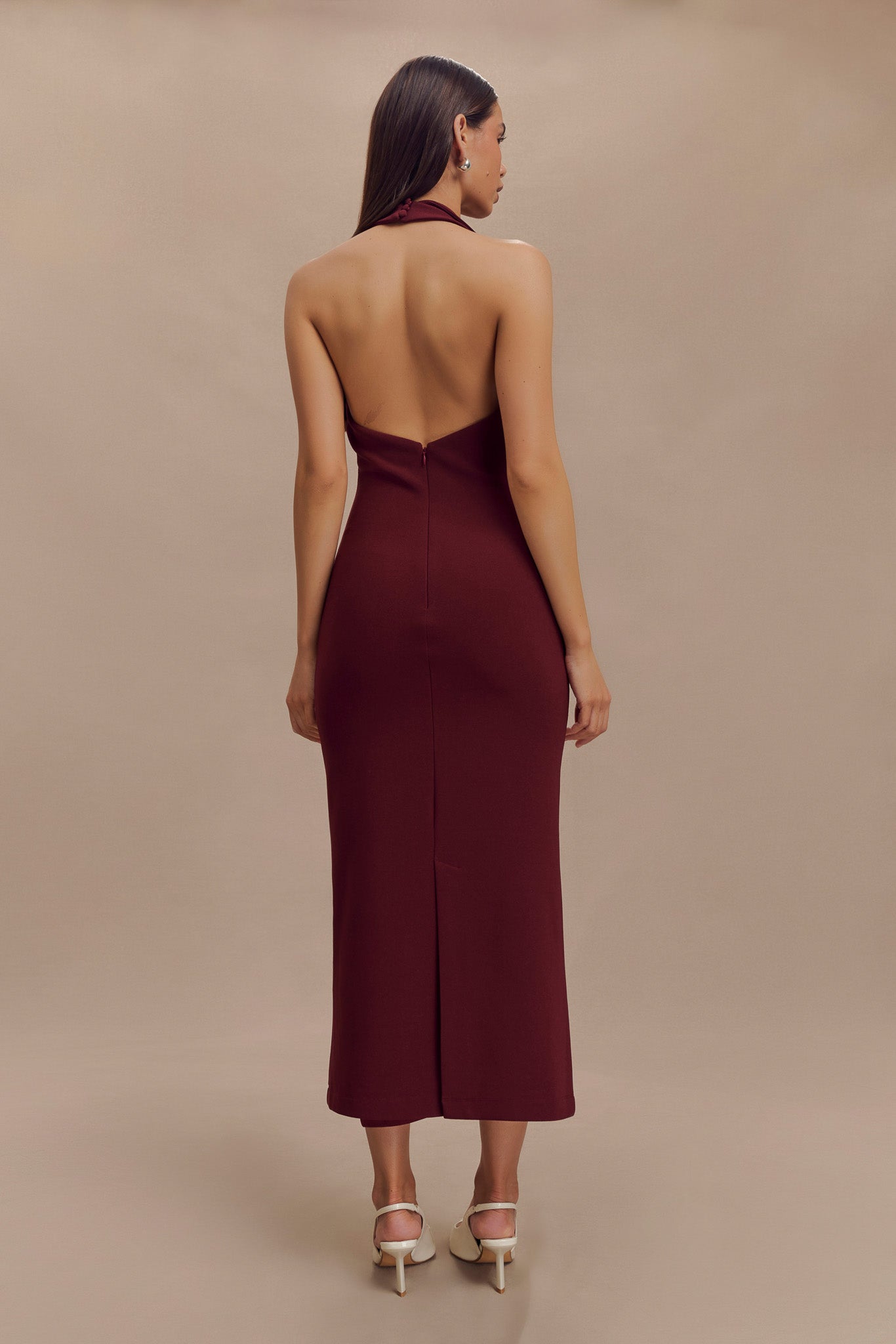 ROF Annita Krep Boyundan Bağlamalı Midi Elbise - Merlot