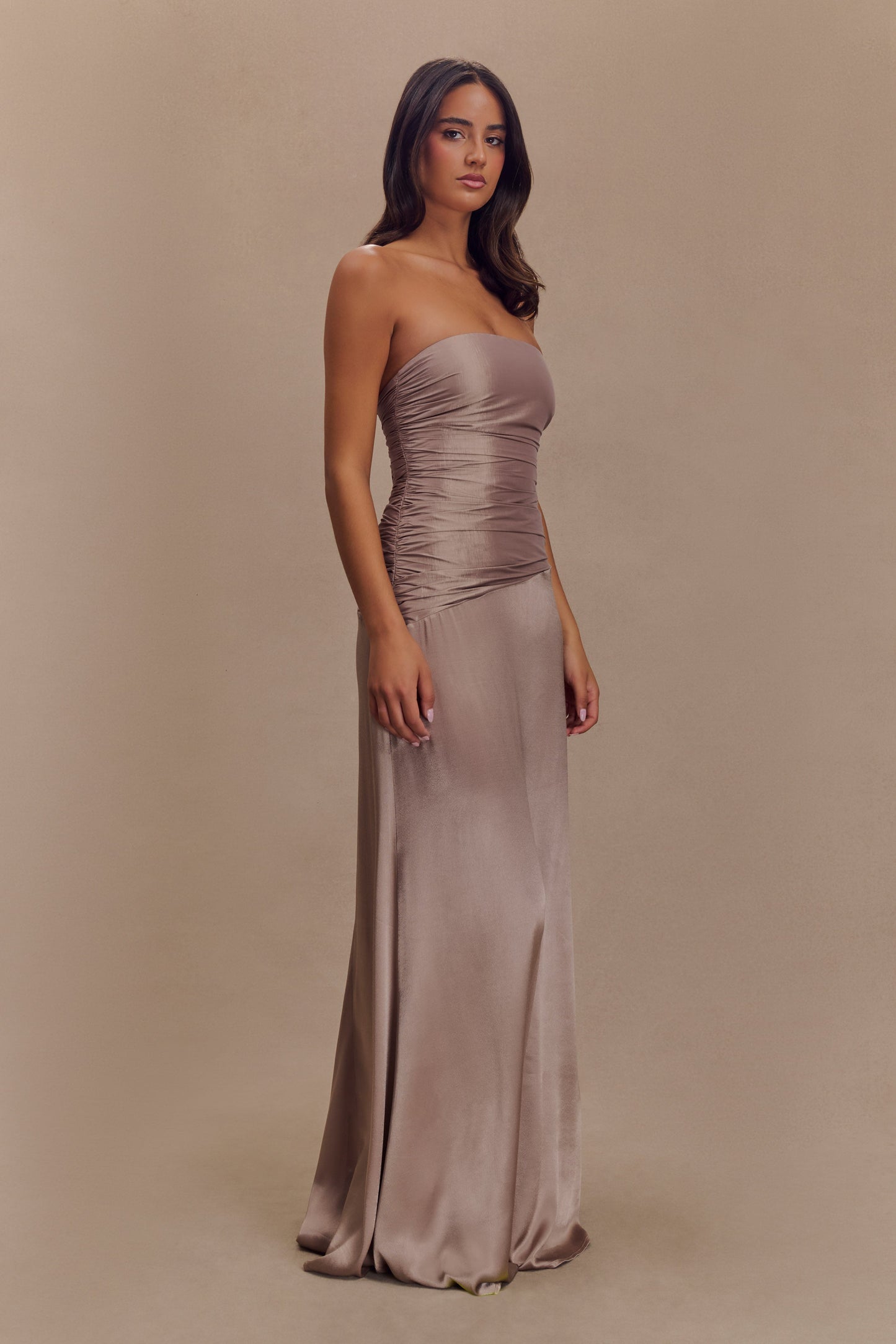 ROF Serena Straplez Tafta Maxi Elbise - Bronz Taupe