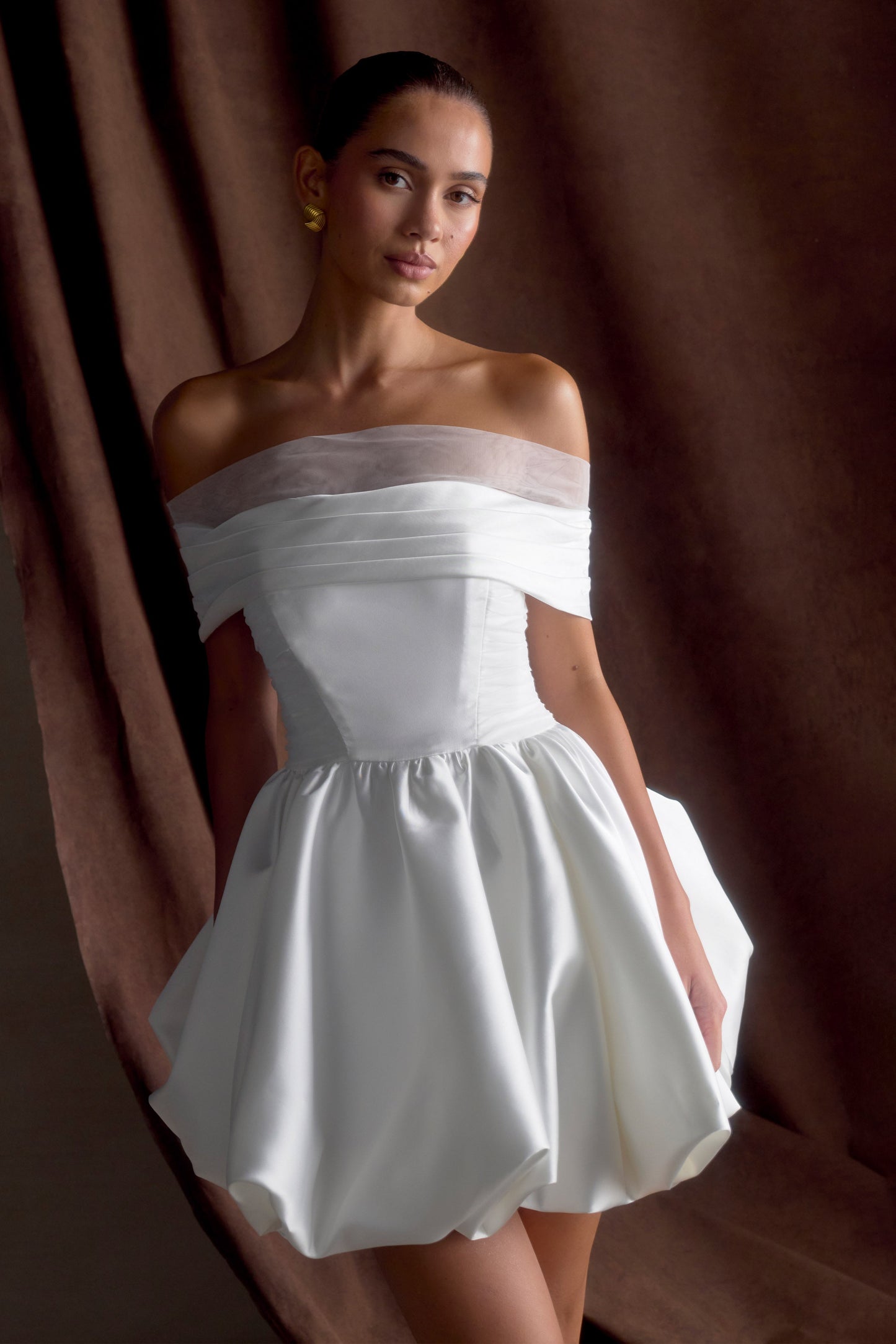 ROF Lauretta Düşük Omuz Mini Elbise - Beyaz