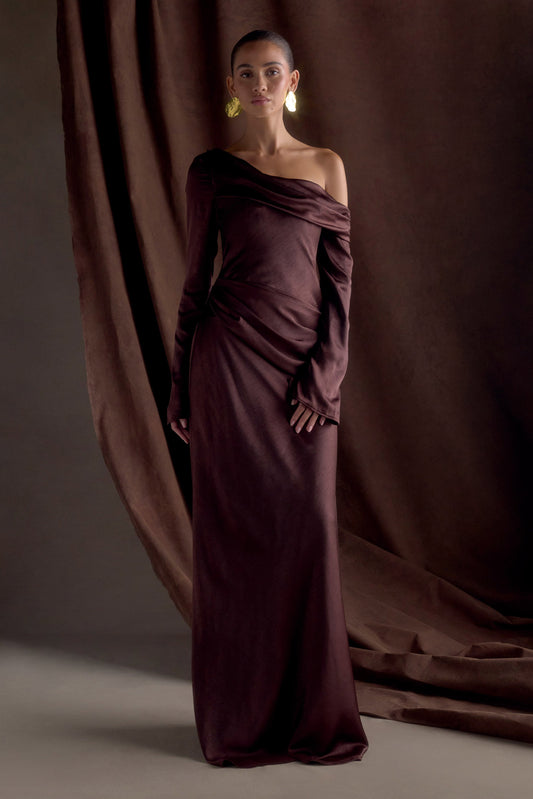 ROF Iris Uzun Kol Saten Maxi Elbise - Bitter Çikolata