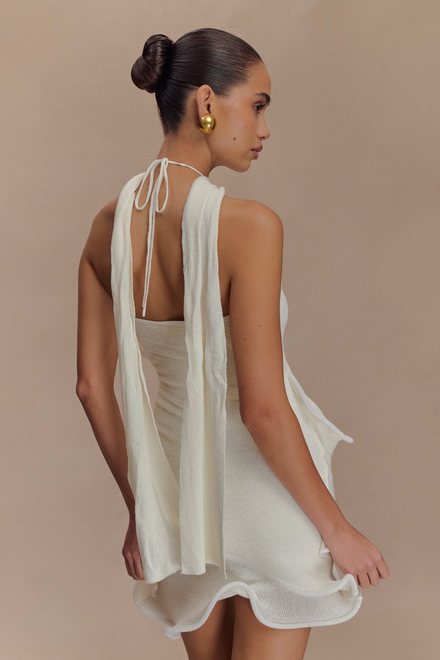Caprice Beyaz Halter Yaka Triko Mini Elbise | Lorlia