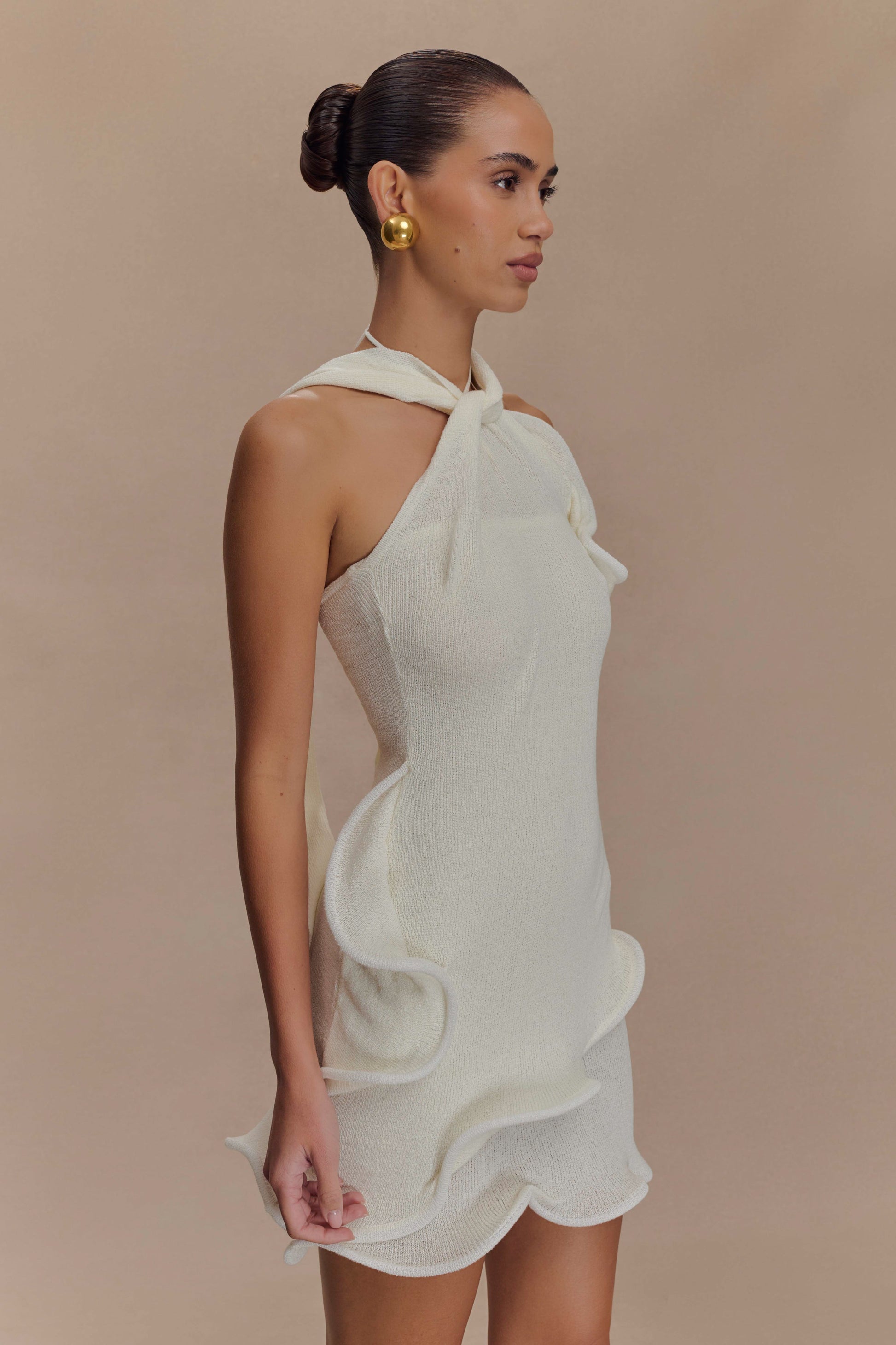Caprice Beyaz Halter Yaka Triko Mini Elbise | Lorlia