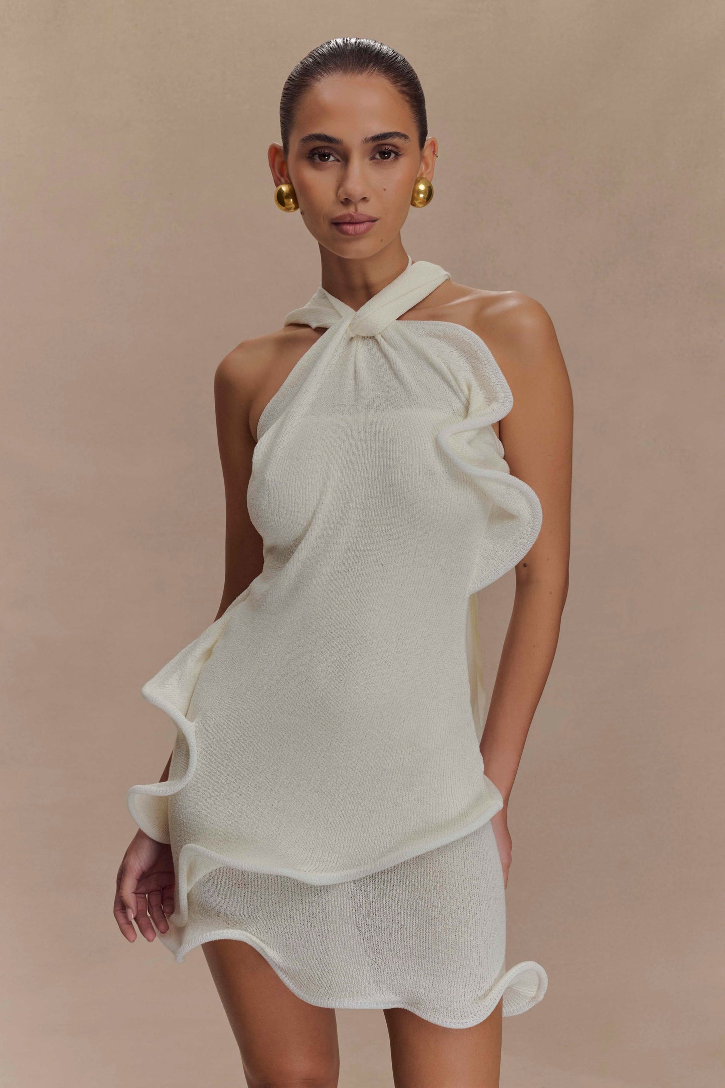 Caprice Beyaz Halter Yaka Triko Mini Elbise | Lorlia