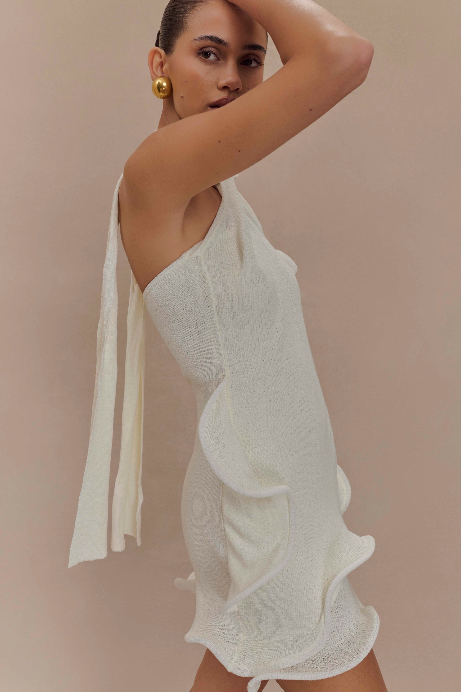 Caprice Beyaz Halter Yaka Triko Mini Elbise | Lorlia