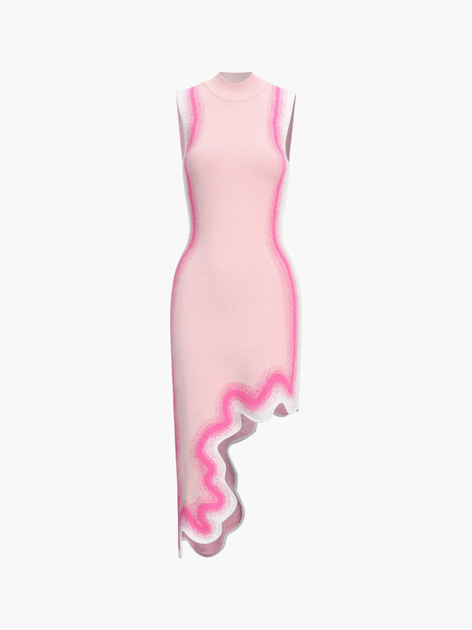 Dalgalı Kenar Örme Kolsuz Midi Elbise Pembe Slim Fit | Lorlia