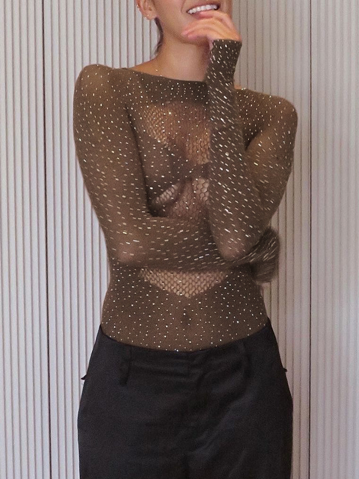 Parlak Taşlı Transparan Bodysuit Haki Uzun Kollu