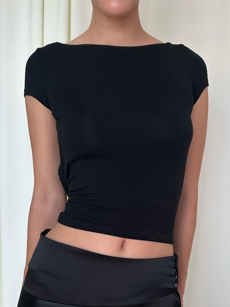 Sırtı Açık Kolsuz Bluz Siyah Jersey Kumaş | Lorlia