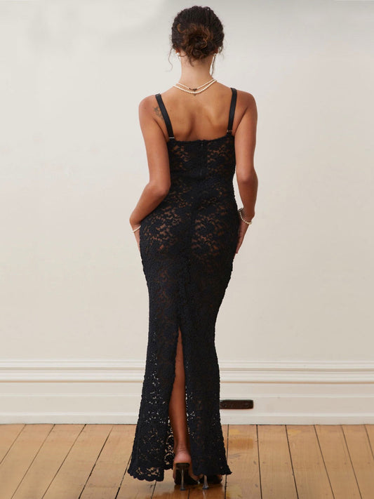 Çiçekli Dantel Bodycon Uzun Elbise Siyah Kalp Yaka | Lorlia