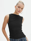 Yüksek Yaka Pilili Kolsuz Bluz Siyah Slim Fit | Lorlia