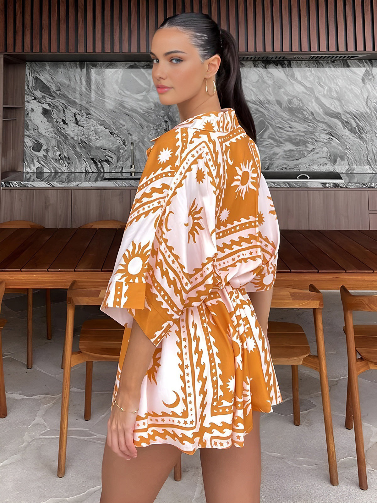 Boho Güneş Ay Desenli Kısa Tulum Turuncu Kısa Kol | Lorlia