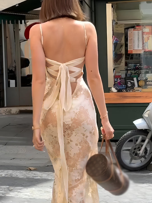 Sırtı Açık Çapraz Düğümlü Maxi Elbise Bej | Lorlia