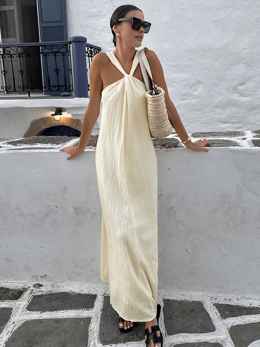 Halter Yaka Maxi Elbise Ekru Kolsuz | Lorlia