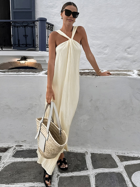 Halter Yaka Maxi Elbise Ekru Kolsuz - Kirli -Beyaz | Lorlia