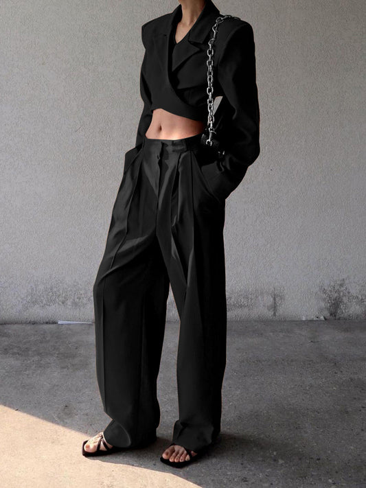Düz Paça Bağcıklı Blazer Pantolon Takım Siyah Regular Fit | Lorlia