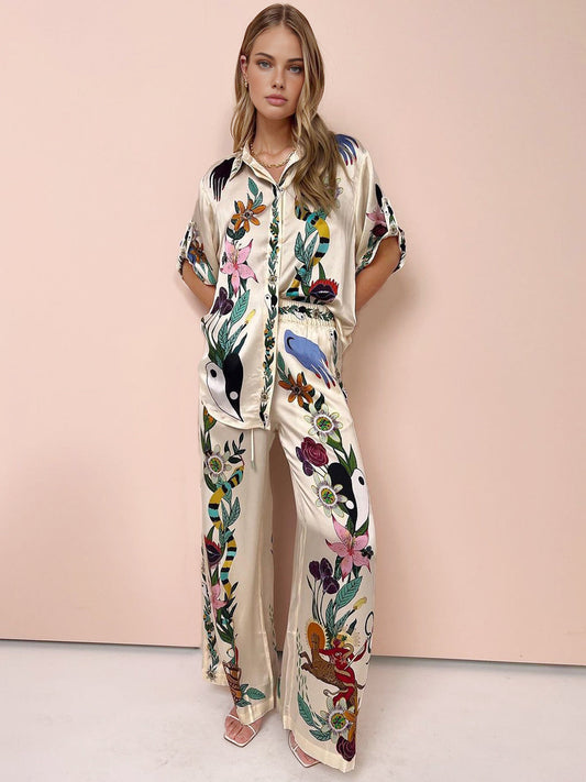 Çiçek Desenli Saten Pantolon Takım Çok Renkli Bohemian | Lorlia