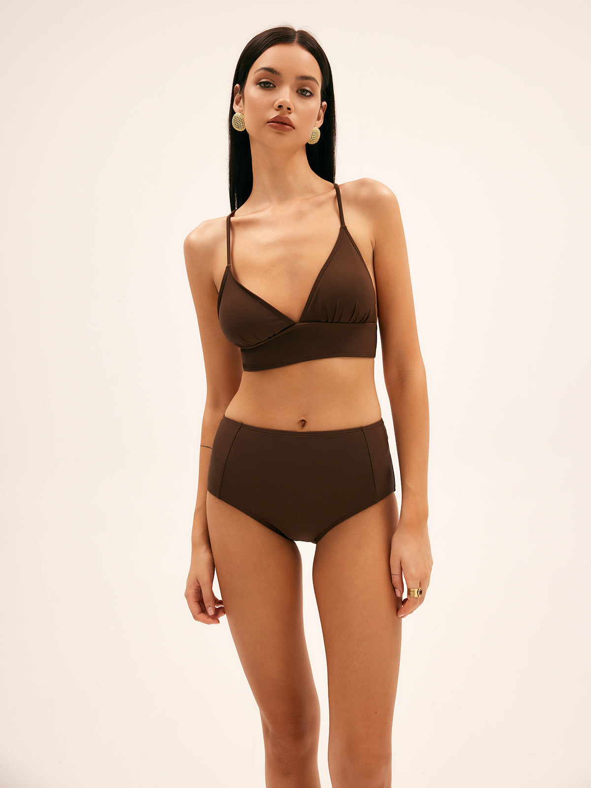 Palmiye Yüksek Bel Bikini Takımı Bağcıklı Kahverengi | Lorlia