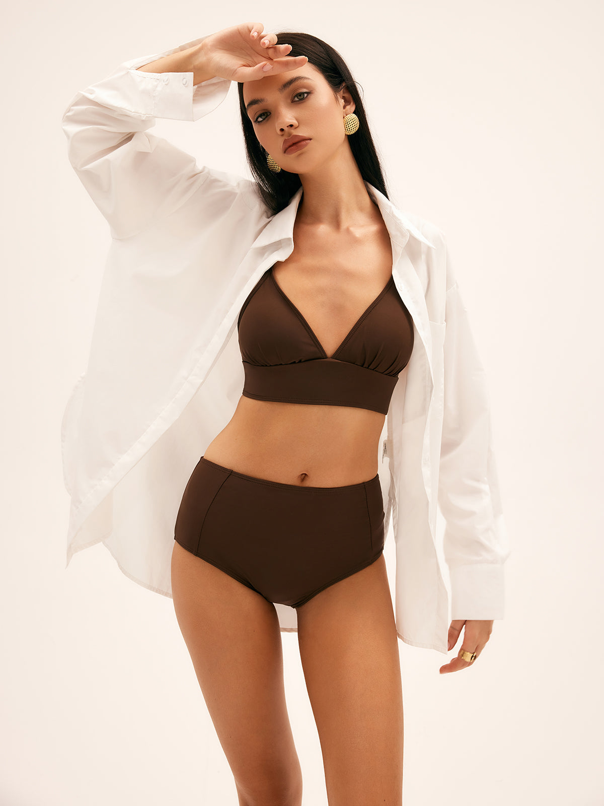 Palmiye Yüksek Bel Bikini Takımı Bağcıklı Kahverengi | Lorlia