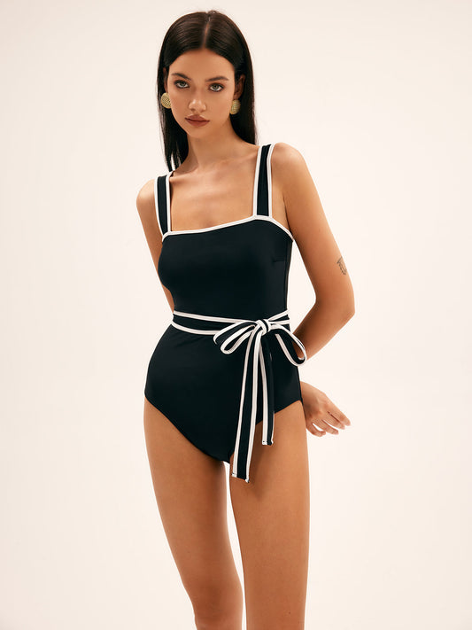 Kontrast Kuşaklı Tek Parça Mayo Siyah Regular Fit | Lorlia