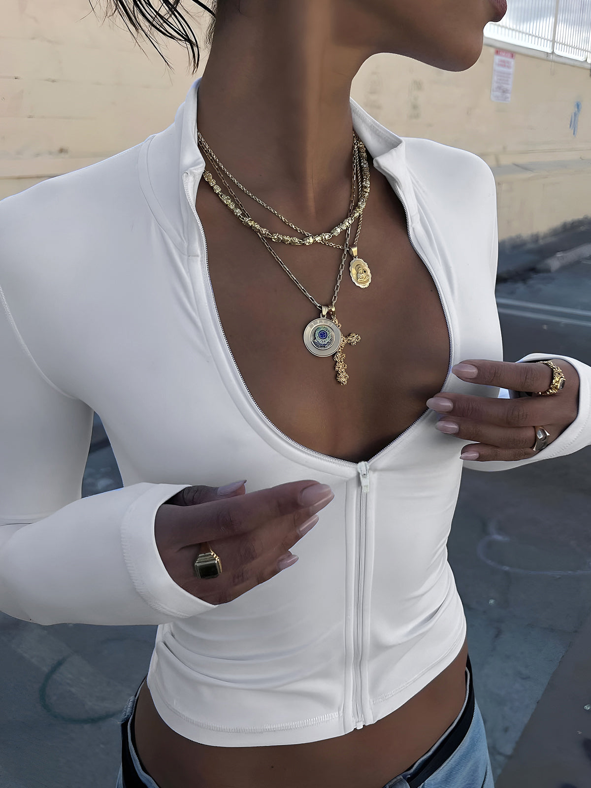 Fermuar Detaylı Uzun Kollu Bluz Beyaz Slim Fit | Lorlia