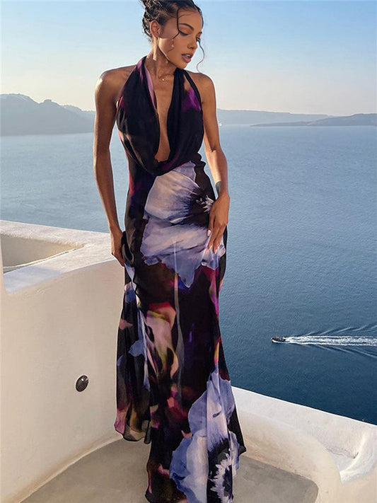 Baskılı Sırt Açık Halter Maxi Elbise Siyah | Lorlia