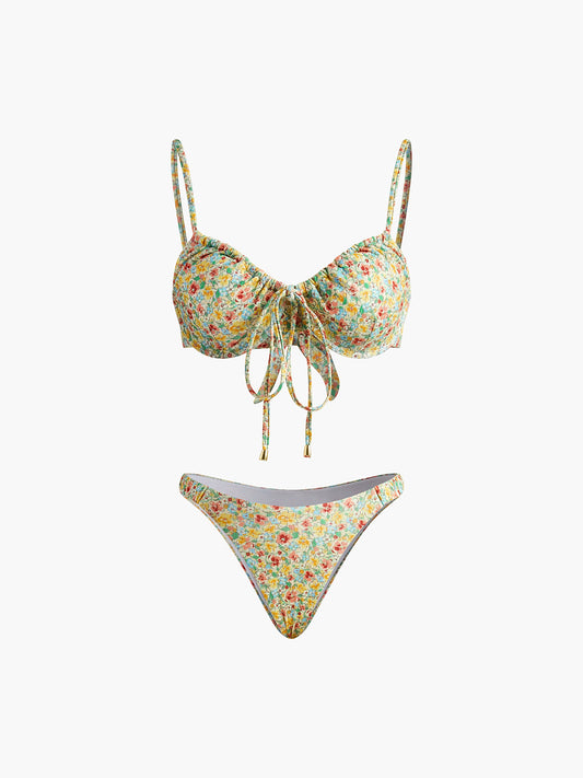 Çiçek Desenli Önden Bağlamalı Bikini Takımı Sarı Yeşil | Lorlia