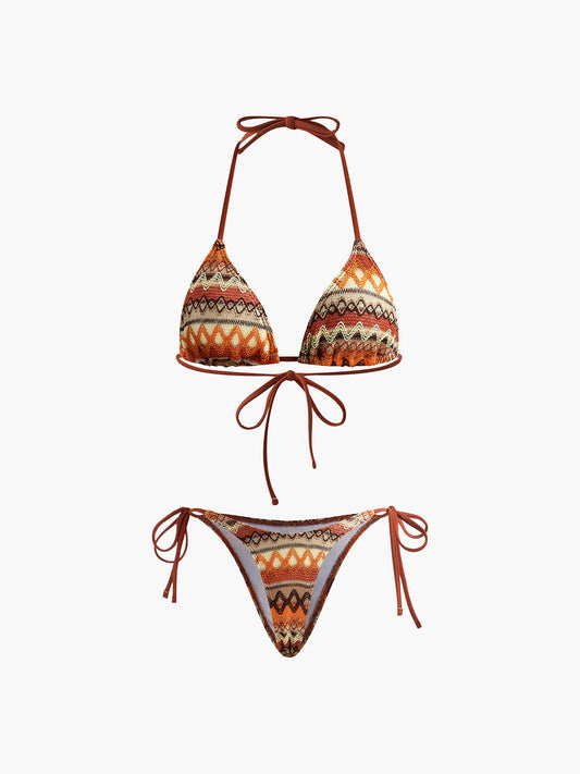 Halter Üçgen Örgü Bikini Takımı Kahverengi Çıkarılabilir Pedli | Lorlia