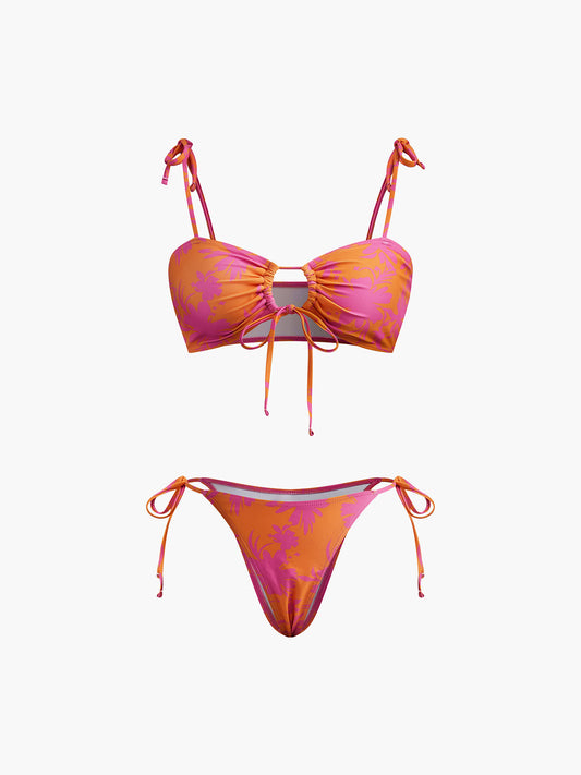 Baskılı Daire Kesimli Bikini Takımı Turuncu Çıkarılabilir Pedli | Lorlia