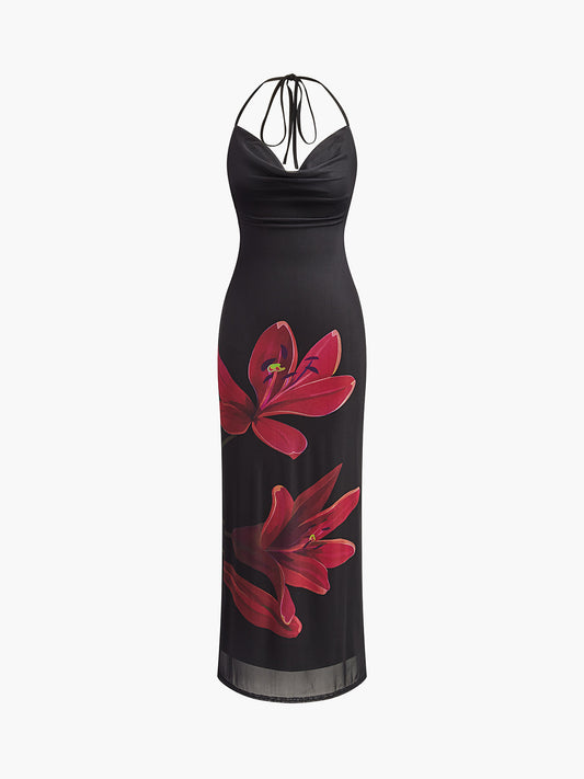 Halter İpli Sırtı Açık Çiçekli Maxi Elbise Siyah | Lorlia