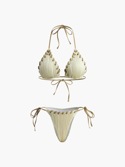Dantelli Bağcıklı Bikini Takımı Bej Çıkarılabilir Pedli | Lorlia